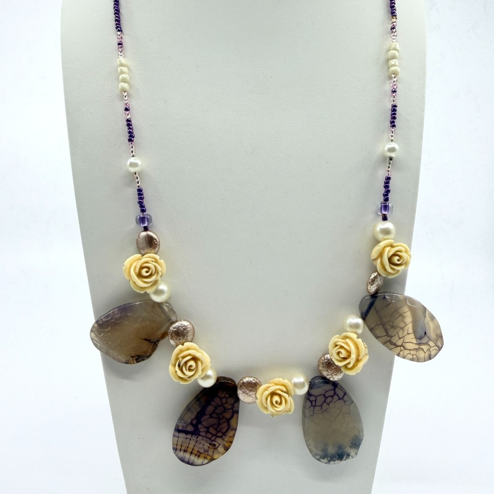 Vintage Boho Purple Dragon Vein Agate Faux Pearl Carved Rose Beaded Necklace
